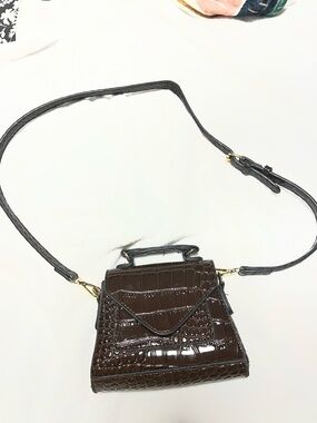 Glossy Croc-Embossed Mini Crossbody Bag - Dark Brown